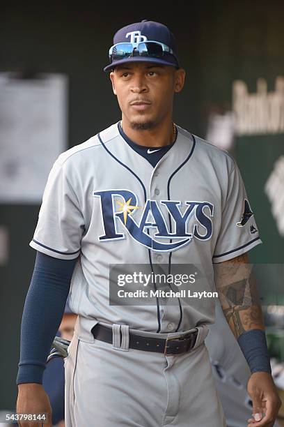 Desmond Jennings of the Tampa Bay Rays looks on before game two of a doubleheader baseball game against the Baltimore Orioles at Oriole Park at...