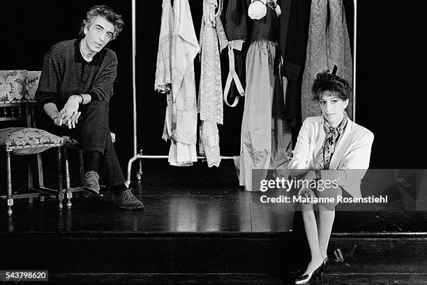 French actress Anémone and actor Gerard Darmon perform on stage at the Splendid Theater in the play Un Caprice by Alfred de Musset and On Purge Bébé...