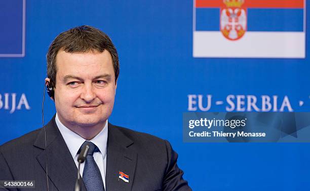 Brussels, Belgium, January 21, 2014. -- Serbian Prime Minister Ivica DACIC is talking to media after the 1st Ministerial Accession council in the...