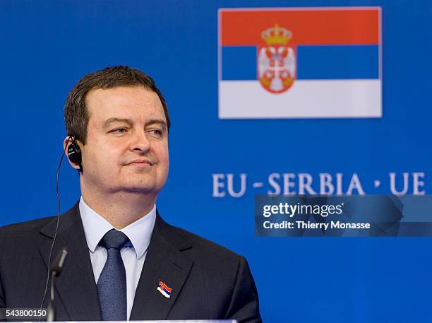 Brussels, Belgium, January 21, 2014. -- Serbian Prime Minister Ivica DACIC is talking to media after the 1st Ministerial Accession council in the...