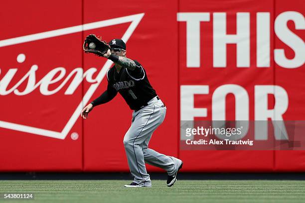 Brandon Barnes of the Colorado Rockies makes a catch during the game against the New York Yankees at Yankee Stadium on Wednesday, June 22, 2016 in...