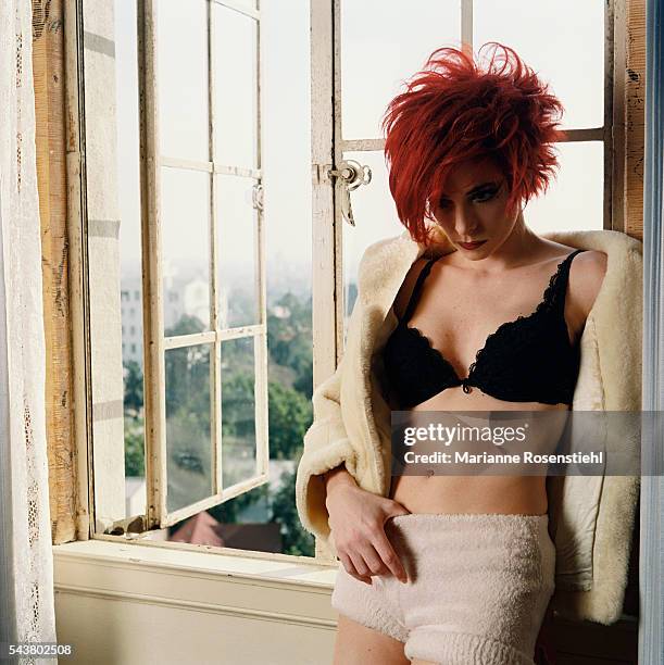 French singer Mylène Farmer on the set of her video clip "California" by American director Abel Ferrara. The video tells the story of a woman from...