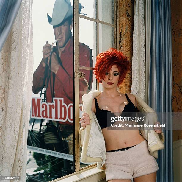 French singer Mylène Farmer on the set of her video clip "California" by American director Abel Ferrara. The video tells the story of a woman from...