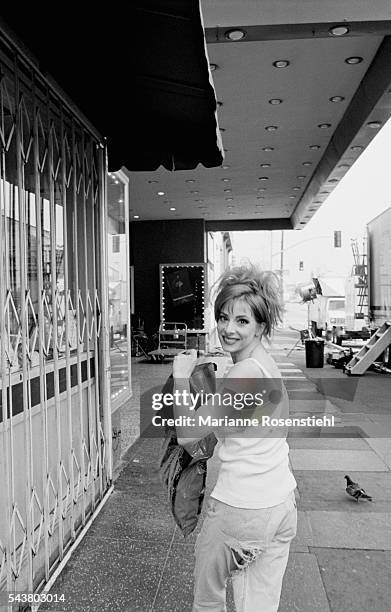 French singer Mylène Farmer on the set of her video clip "California" by American director Abel Ferrara. The video tells the story of a woman from...