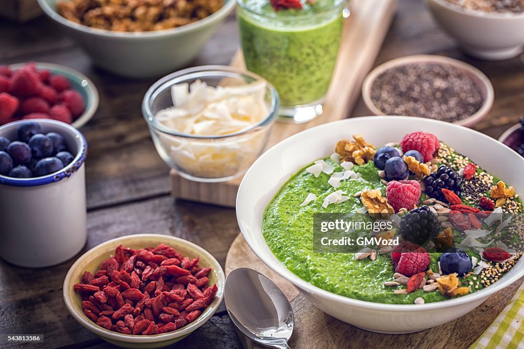 Green Breakfast Smoothie in Bowl with Superfoods on Top