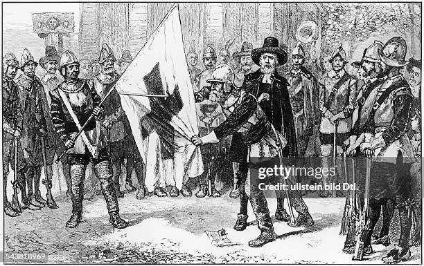 History, USA: Massachusetts Bay Colony:Purtítan John Endecott defaces the english flag.cutting the St Georg's cross as a papal symbol) .Salem...