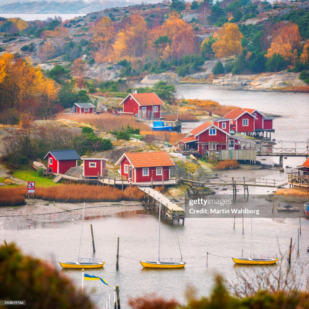 Fishing village with small red cabins