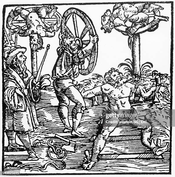 Torture in medieval times - breaking on the wheel - woodcut, 16th century