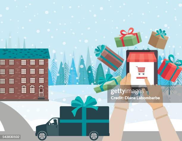 concept for online christmas shopping - delivery truck - christmas shopping stock illustrations