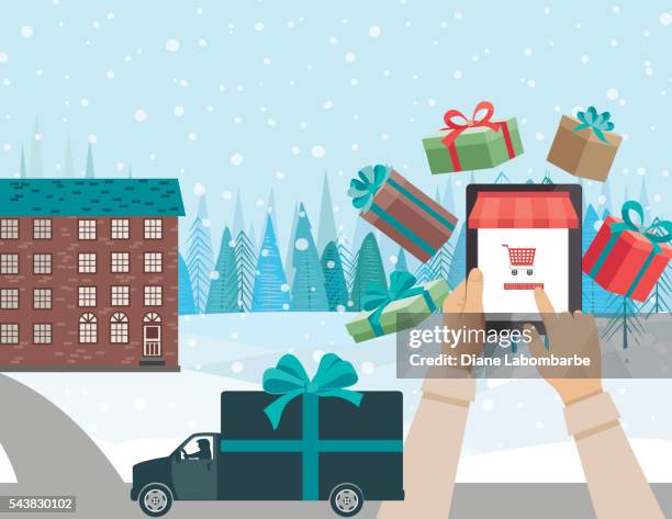 concept for online christmas shopping - delivery truck - personal perspective stock illustrations
