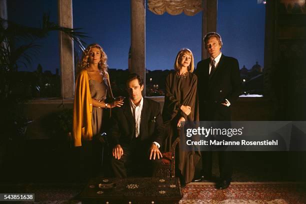 British actors Natasha Richardson, Rupert Everett and Helen Mirren and American actor Christopher Walken on the set of "The Comfort of Strangers" by...
