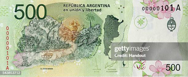 Handout picture released by the Central Bank of Argentina showing the new 500-peso bill carrying an image of the Yaguareté, a type of jaguar, to...