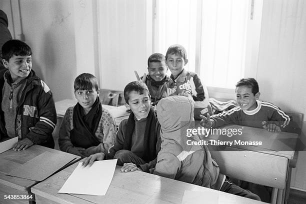 Za'atari, Mafraq Governorate, Jordan, February 4; 2014. -- The UNICEF managed school in the Zaatari camp. Zaatari is a refugee camp in Jordan,...