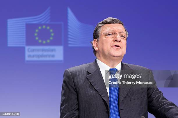 Brussels, Belgium, March 5, 2014. -- President of the EU Commission Jose Manuel BARROSO expalins to media support package for Ukraine from Europe to...