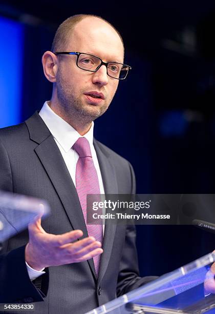 Brussels, Belgium, March 6, 2014. Ukrainian Prime Minister Arseniy YATSENIUK is talking to media at the end of an extraordinary EU Ukraine chief of...