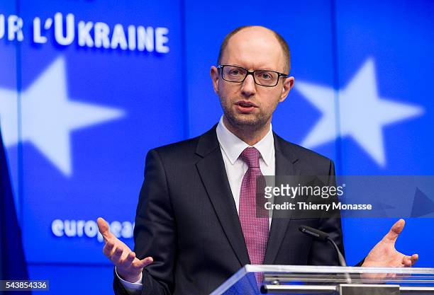 Brussels, Belgium, March 6, 2014. Ukrainian Prime Minister Arseniy YATSENIUK is talking to media at the end of an extraordinary EU Ukraine chief of...