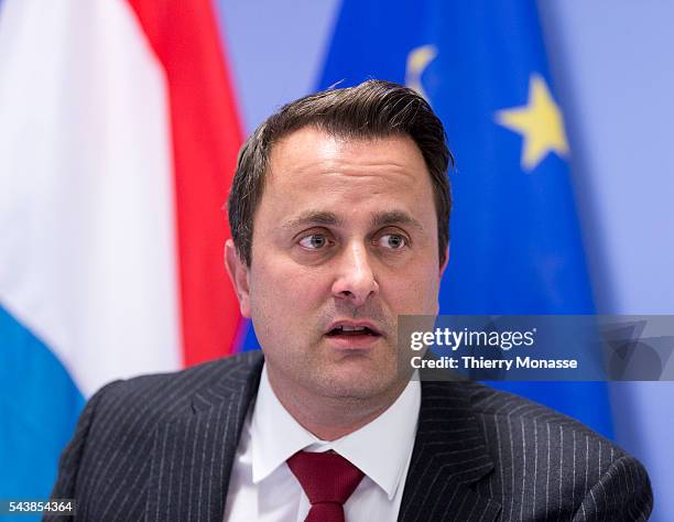 Brussels, Belgium, March 6; 2014. -- Luxembourg Prime Minister Xavier BETTEL is talking to media at the end of an EU chief of state Summit on Ukraine...