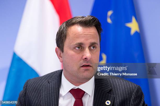 Brussels, Belgium, March 6; 2014. -- Luxembourg Prime Minister Xavier BETTEL is talking to media at the end of an EU chief of state Summit on Ukraine...