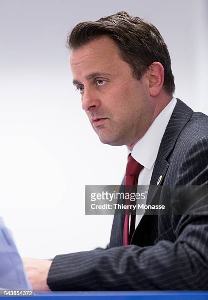 Brussels, Belgium, March 6; 2014. -- Luxembourg Prime Minister Xavier BETTEL is talking to media at the end of an EU chief of state Summit on Ukraine...