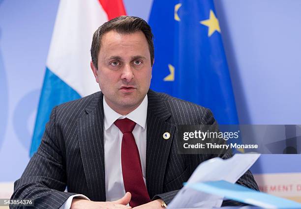 Brussels, Belgium, March 6; 2014. -- Luxembourg Prime Minister Xavier BETTEL is talking to media at the end of an EU chief of state Summit on Ukraine...