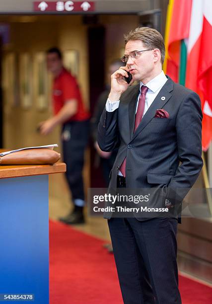 Brussels, Belgium, March 6; 2014. -- Finnish Prime Minister Jyrki KATAINEN is talking on the phone at the end of an EU chief of state Summit on...