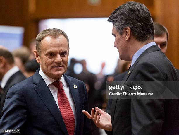 Brussels, Belgium, March 6, 2014. -- Polish Prime Minister Donald TUSK is talking with the Croatian Prime Minister Zoran MILANOVIC prior an EU chief...