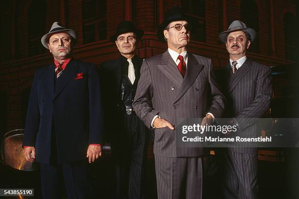 French actors Roland Blanche, Jean-Pierre Kalfon, Guy Bedos and Bernard Ballet in the play La Resistible Ascension d'Arturo Ui, written by German...