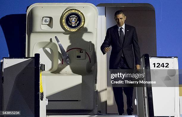 Brussels, Belgium, March 25, 2014. -- US President Barack Hussein OBAMA descends the Boeing VC-25s, Air Force One, as he arrives for a 24 hours...