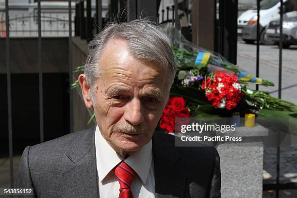 Leader of the Crimean Tatar National Movement Mustafa Dzemilev lays flowers to Turkey Embassy to Ukraine in Kyiv to pay their tribute to the victims...