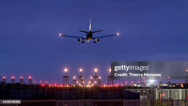 Zaventem, Belgium, April 20, 2014. -- A plane is landing at Brussels National airport.