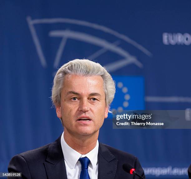 Brussels, Belgium, May 28, 2014. -- Dutch right-wing politician and the founder and leader of the Party for Freedom Geert WILDERS gives a press...