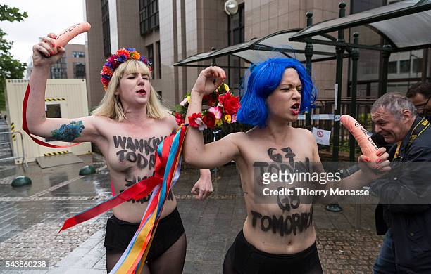 Brussels, Belgium, June 4, 2014. -- Femen activist perform during a protest ahead of the G7 Summit, in front the EU Council headquarters.