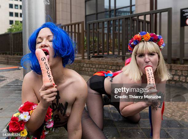 Brussels, Belgium, June 4, 2014. -- Femen activist perform during a protest ahead of the G7 Summit, in front the EU Council headquarters.