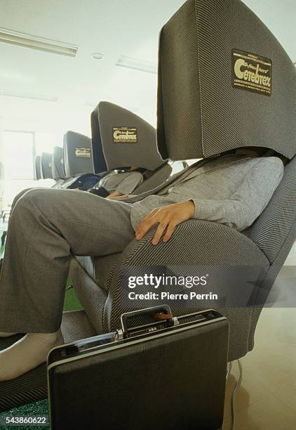 Client uses a "Cerebrex" relaxation chair designed by Dr. Nakamats to provide ultimate relaxation in a minimum time period.