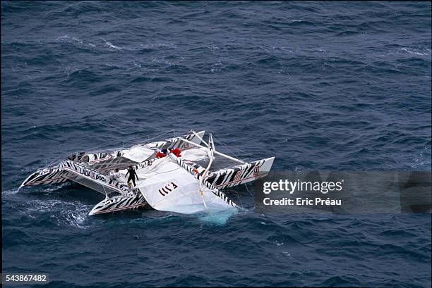 French skipper Loïck Peyron on his "Lada Poch I" catamaran. His final position in the race was fifth after losing his mast. The "Route du Rhum" is a...