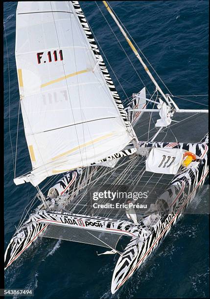 French skipper Loïck Peyron on his "Lada Poch I" catamaran. His final position in the race was fifth after losing his mast. The "Route du Rhum" is a...