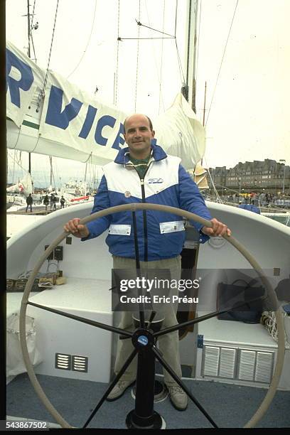 Daniel Gilard on his catamaran Jet Services V. The "Route du Rhum" is a solo non-stop 4000-mile transatlantic race between the ports of Saint Malo...