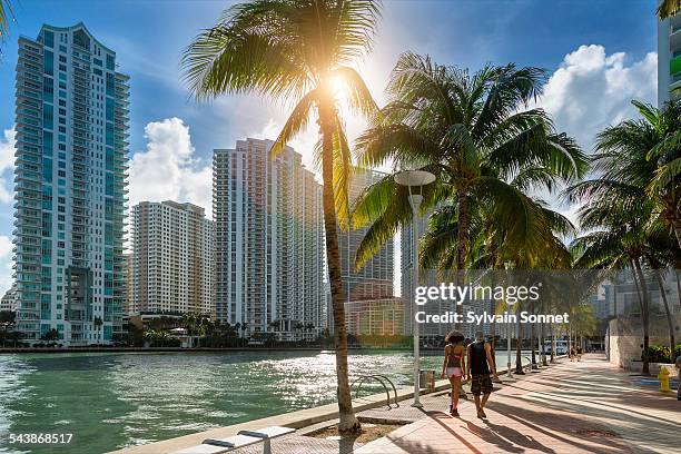 downtown miami, people walking along miami river - downtown miami ストックフォトと画像