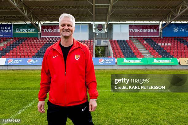 Coach Thrantur Sigurdsson, who trained Iceland's striker Kolbeinn Sigthorsson, is pictured at the football club Viking on June 30, 2016 in Reykjavik....