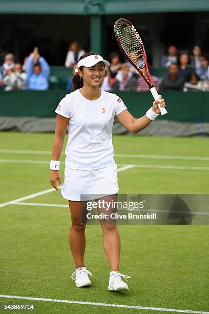 Misaki Doi of Japan celebrates victory during the Ladies Singles second round match against Kristyna Pliskova of Czech Republic on day four of the...