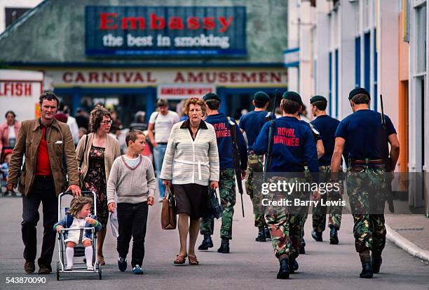 The marines visit Butlins holiday camp Skegness 1982 giving a disply to the crowd and encouraging recruitment during the Falklands war. Butlins...