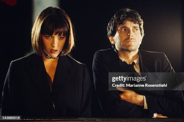 French actors Francis Huster and Sophie Marceau on the set of L'Amour Braque, by her husband, Polish director, screenwriter and writer Andrzej...