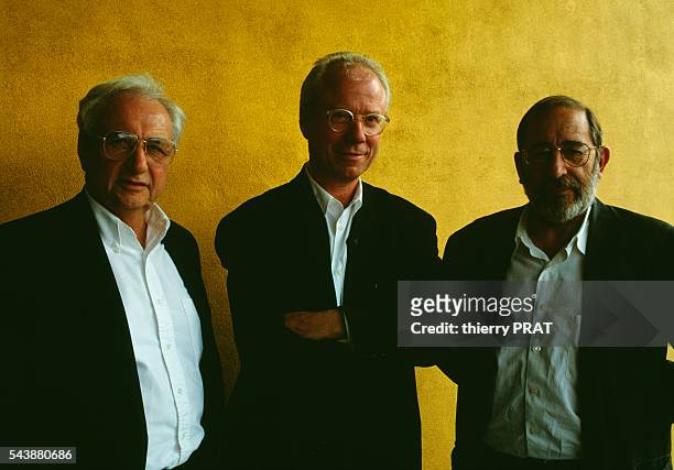 Architects Frank Gehry and Alvaro Siza Vieira with the Swiss CEO of "Vitra" Rolf Fehlbaum during the inauguration of the company's two new buildings....