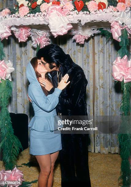 American rock legend Elvis Presley and his wife Priscilla attend George Klein's wedding with Barbara Little in Elvis' International Hotel Suite.