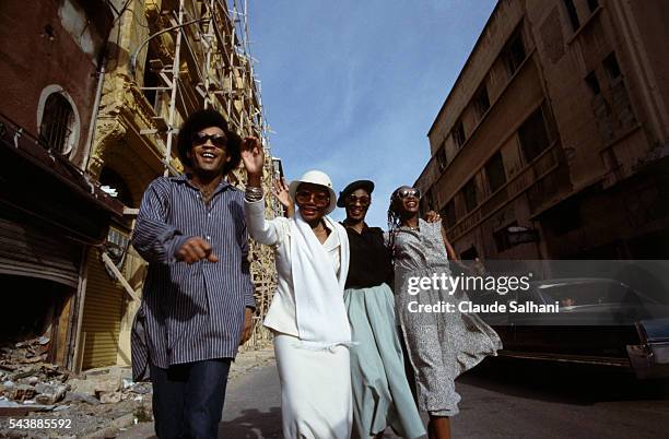 Singers Bobby Farrell, Marcia Barrett, Liz Mitchell and Maizie Williams, from the West disco pop band Boney M in concert in Beirut.