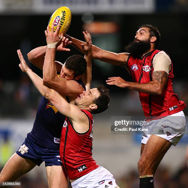 Jack Darling of the Eagles contests for a mark against Matt Dea of the Bombers during the round 15 AFL match between the West Coast Eagles and the...