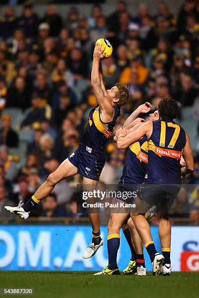 Mark LeCras of the Eagles marks the ball during the round 15 AFL match between the West Coast Eagles and the Essendon Bombers at Domain Stadium on...