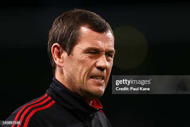 Bombers assistant coach Mark Harvey looks on during the round 15 AFL match between the West Coast Eagles and the Essendon Bombers at Domain Stadium...