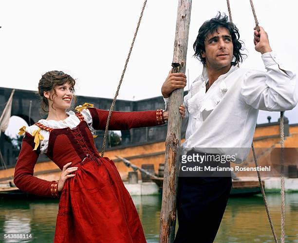 French actress and model Laetitia Casta and Italian actor Adriano Giannini on the set of Luisa Sanfelice, based on the novel by Alexandre Dumas père,...