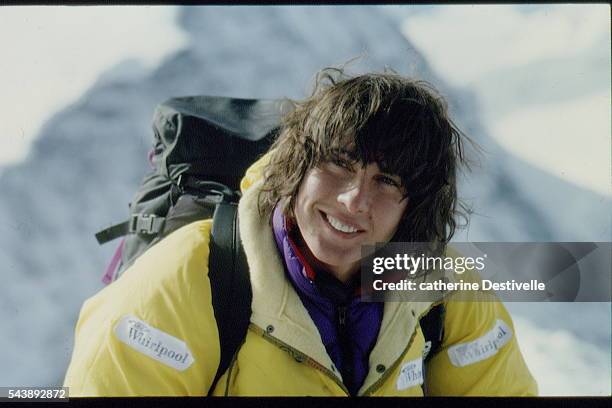 French rock climber Catherine Destivelle climbs the Eiger , in the Bernese Alps in Switzerland.